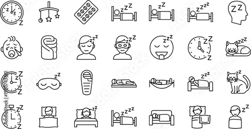Sleep bedtime routine and rest lifestyle icon set with insomnia night pillow clock mask relaxation symbols collection