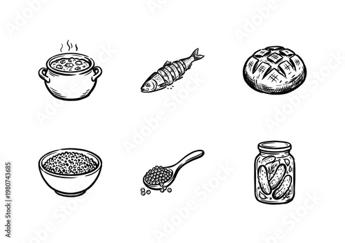 Traditional Russian Cuisine and Slavic Food Elements with Inky Brush Strokes and Hand-Drawn Painterly Style