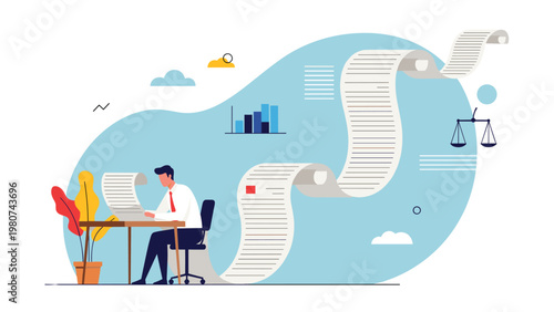 Stressed businessman sitting at a desk feels overwhelmed by an incredibly long scroll of paper filled with complex financial data and charts.