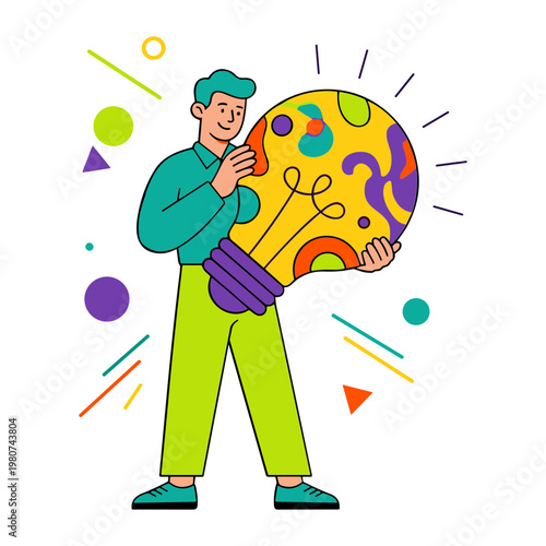 Man holding large colorful lightbulb with shapes around him indoors