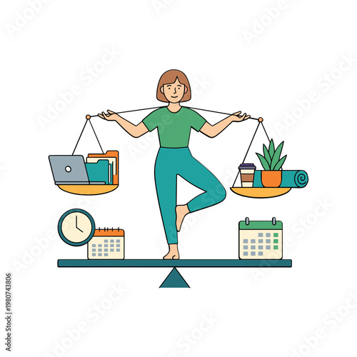 Woman balances work and personal life on a seesaw with laptop, books, plant, and calendars.
