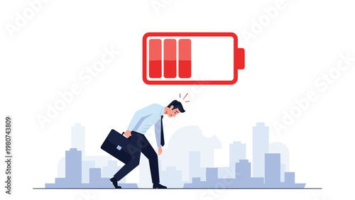 Tired businessman with a briefcase walking through a city with a low red battery icon over his head symbolizing mental and physical burnout.