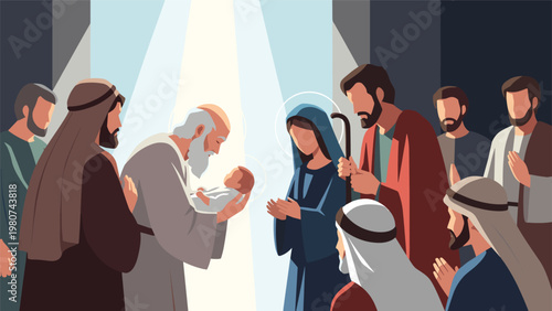 Traditional religious scene of baby Jesus being presented in the temple surrounded by Mary, Joseph, and elders in a bright holy light setting.