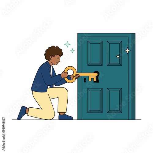 A man kneels down to unlock a door with a large key