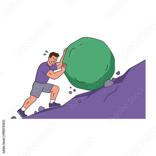 Man pushing large green boulder up purple mountain with effort and sweat