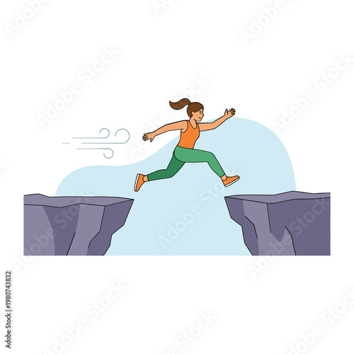 Woman jumping over a gap between two cliffs with motion lines