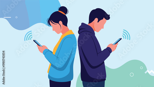 Man and woman standing back to back while looking down at their smartphones with blue wireless signal icons to show digital connectivity issues.