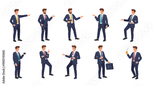 Large set of professional businessman characters in various poses including talking, pointing, holding a briefcase, and drinking hot coffee.