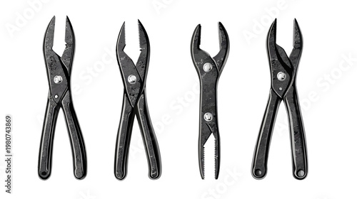 Digitally created illustration of four different hand tools, specifically pliers, laid out on a white backdrop