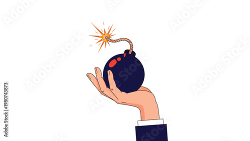 Human hand in a suit holding a classic black round bomb with a lit fuse that is burning to represent a high risk situation or crisis threat.