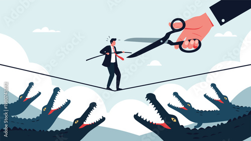 Brave businessman walking on a tightrope over a pit of hungry crocodiles while a giant hand prepares to cut the rope with sharp metal scissors.