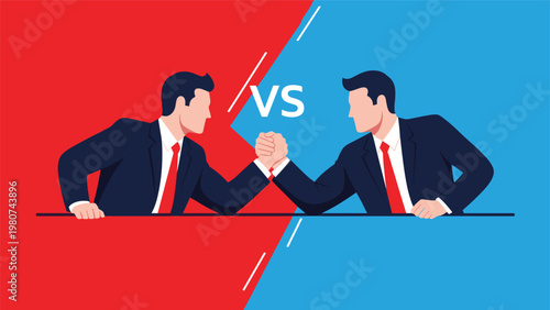 Two competitive businessmen in suits arm wrestling on a table with a red and blue split background to show a business rivalry or challenge.