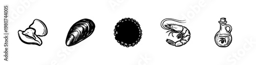 Seafood and Marine Life Culinary Elements with Hand-Drawn Inky Brushwork and Chalkboard Style Graphics