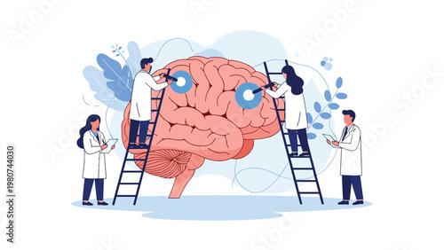 Group of scientists in white coats using ladders and research tools to examine a large human brain representing neuroscience and mental study.