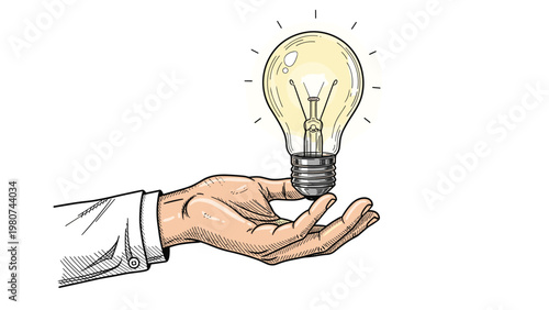 Close up of a human hand holding a glowing incandescent lightbulb that represents a bright idea, innovation, or a new creative solution to a problem.