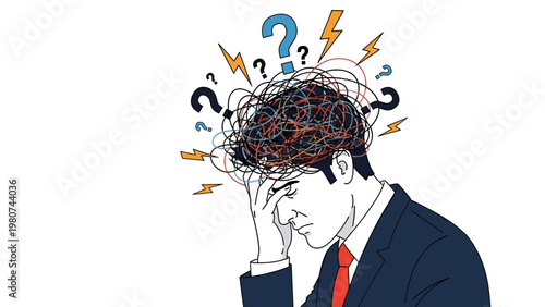 Stressed businessman in a suit suffering from mental overload and confusion with tangled lines and question marks swirling around his head.
