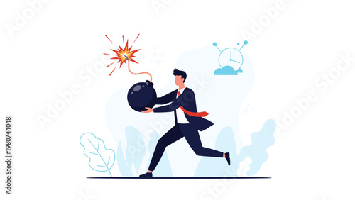 Professional businessman in a suit running quickly while carrying a lit black bomb representing high risk and urgent pressure in business.