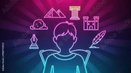 Vibrant neon illustration of a young person's mind exploring historical knowledge and creative