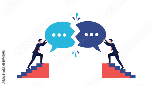Two businessmen working together to mend a broken speech bubble representing effective communication and reconciliation in a professional setting.