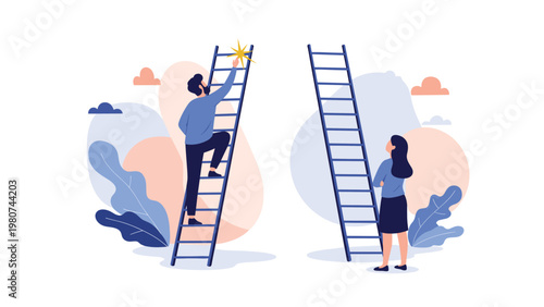 Illustration of a man climbing a ladder towards a star while a woman stands at the base of another ladder depicting career inequality.