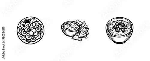 International Cuisine and Healthy Meal Dishes with Painterly Hand-Drawn Ink Brush Strokes