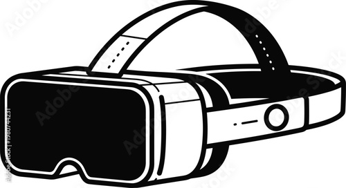 Modern Virtual Reality Headset Vector Illustration with Black Outlines and Straps Isolated on a White Background for Gaming and Metaverse Technology