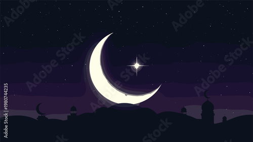 Beautiful night scene showing a glowing crescent moon and star over a dark city skyline with traditional islamic mosque minarets.