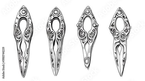 Four stylized metal objects, each with an elongated shape, oval cutouts, and ornate decorations