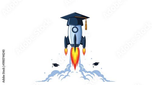 Creative illustration of a rocket ship wearing a graduation mortarboard cap launching upwards to represent high educational achievement and success.