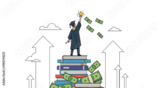 Graduate in a cap and gown standing on a tall stack of books reaching for a golden star with money fluttering around representing education value.