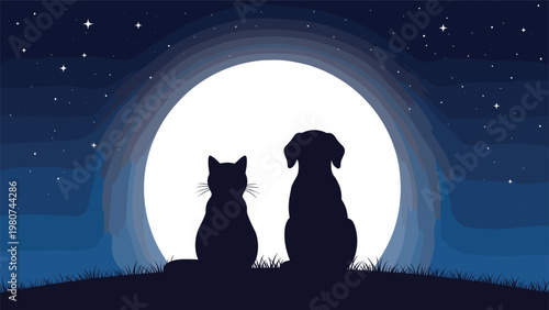 Silhouette of a cat and a dog sitting side by side on a hill watching a massive bright full moon in a starry night sky.