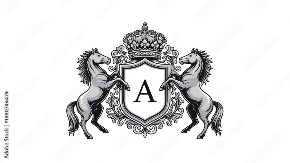 © Rubell - Elegant royal crest or coat of arms featuring two rearing horses on either side of a shield with a crown and decorative elements.