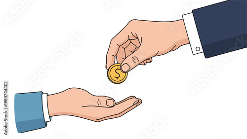 Hand in a business suit dropping a single gold coin into an open receiving hand representing payment or a small donation.