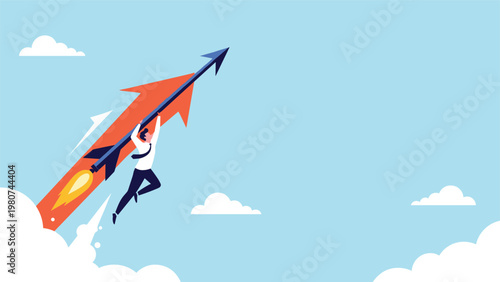 Ambitious businessman holding onto a large rising red arrow soaring through a blue sky with white clouds for business success.