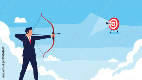 Professional businessman in a suit aiming a bow and arrow at a bulls eye target in the clouds representing goal setting and precision.