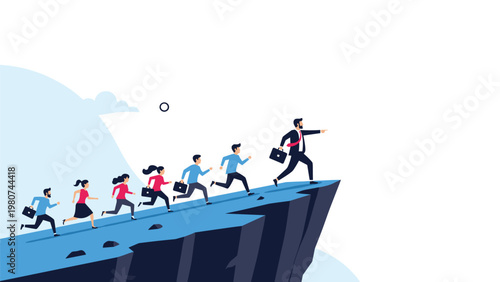 Business leader in a suit running and pointing forward while leading a group of employees along a path on a high cliff.