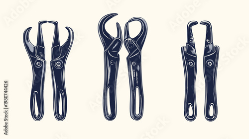 Illustration of dental extraction tools, side-view, in various positions, against a pale beige background