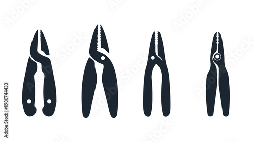 Four black silhouette depictions of hand tools, each designed with different pliers configurations on white background