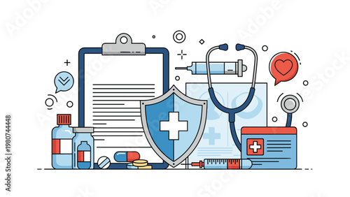 Comprehensive medical and healthcare concept illustration featuring a clipboard stethoscope shield pills and vaccine equipment.