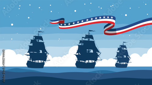 Three historical sailing ships silhouettes on a dark sea under a starry night sky with a long flowing american flag ribbon.