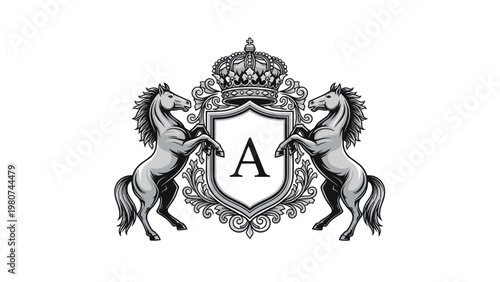 Elegant royal crest or coat of arms featuring two rearing horses on either side of a shield with a crown and decorative elements.