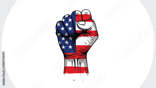 Powerful clenched fist raised in the air and painted with the stars and stripes of the american flag for patriotism and protest.