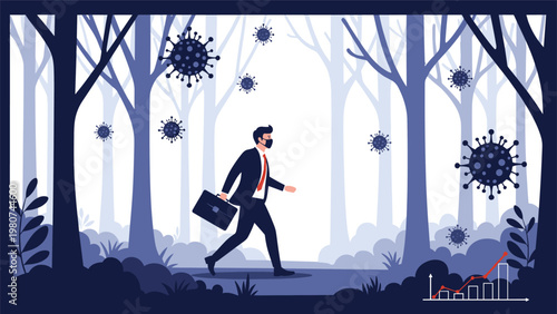 Professional businessman wearing a protective face mask walking through a forest with floating coronavirus particles and charts.