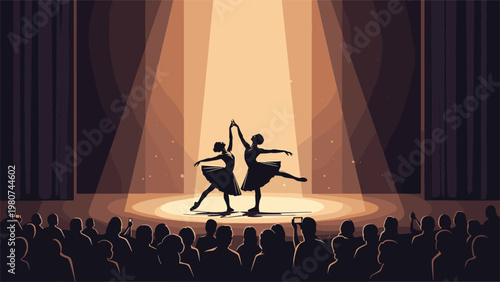 Graceful ballet dancers performing a classical routine on a theater stage illuminated by dramatic spotlights and an audience.