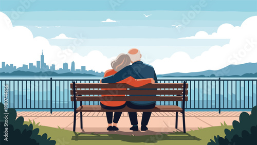 Senior couple sitting together on a park bench and enjoying a peaceful view of the city skyline and the ocean at sunset.