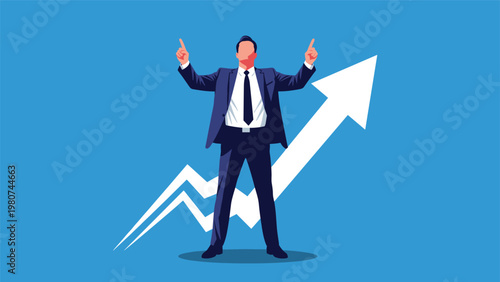 Successful businessman celebrating with raised hands in front of a large white arrow pointing upwards on a blue background.