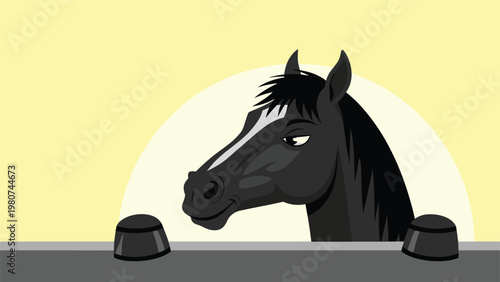 Close-up portrait of a majestic black horse with a white facial stripe peering over a gray fence against a yellow sun.