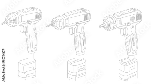Three isolated, light gray line drawings of cordless drills with separate batteries