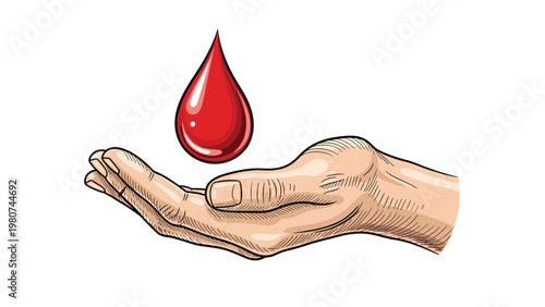 Open human hand catching a large red drop of blood to represent donation, health care, and medical testing concepts.
