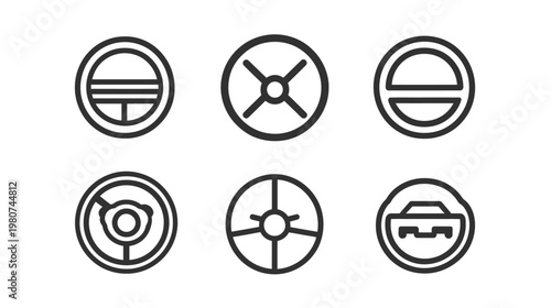Set of six minimalist line art icons depicting circular steering wheels